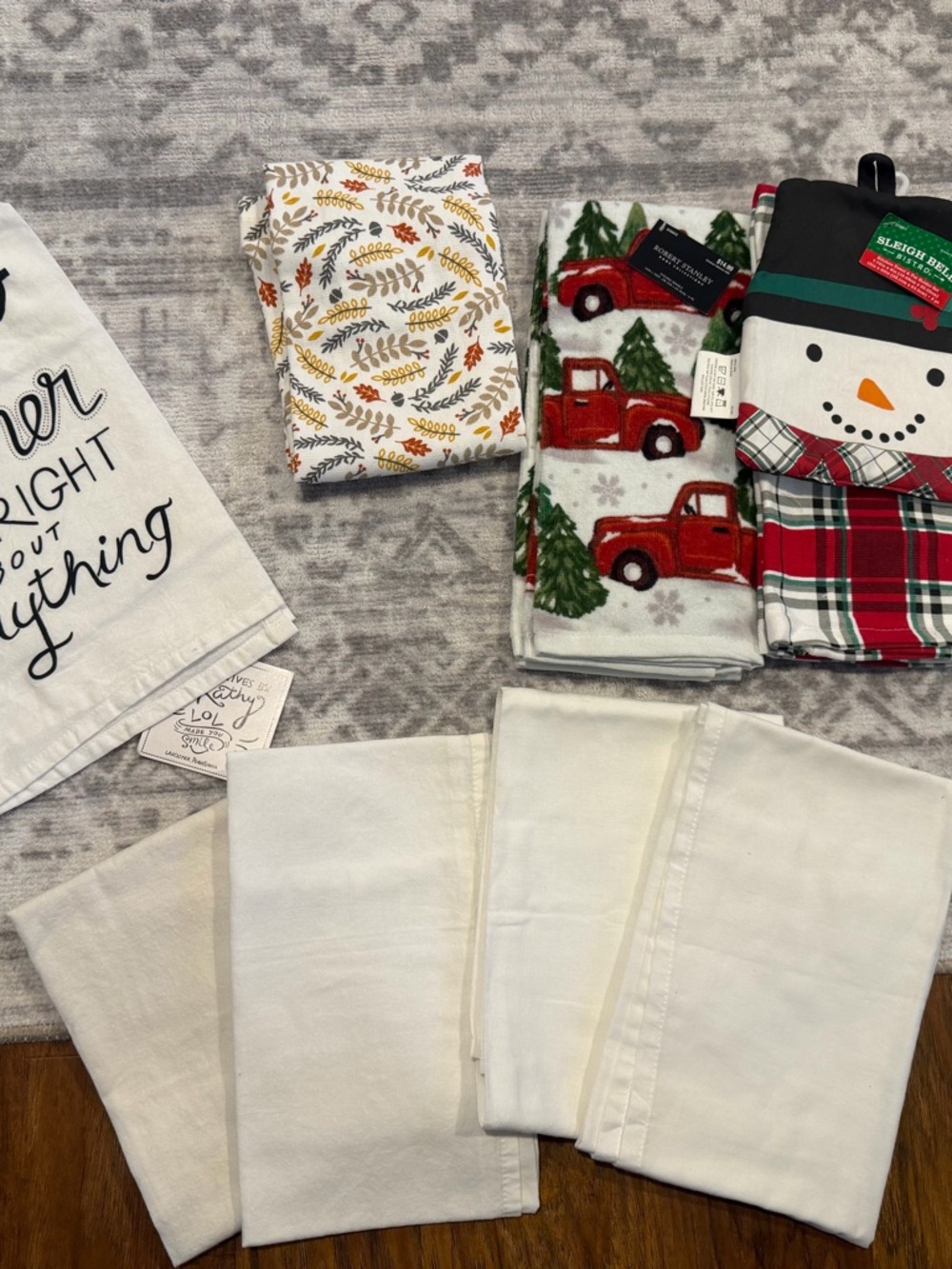 Festive Red Truck Holiday Kitchen Towels and White Tea Towels